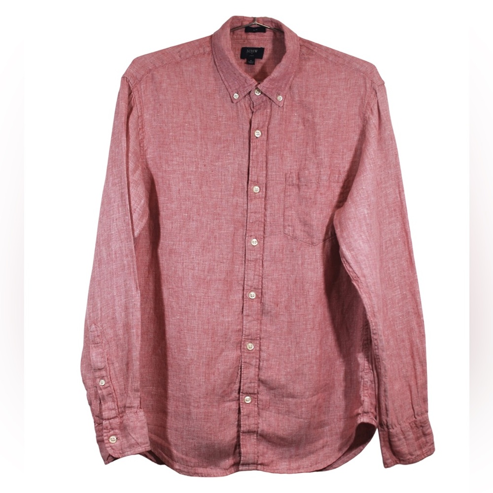J Crew Long Sleeve Linen Slim Red Mens Button Down Shirt Large L